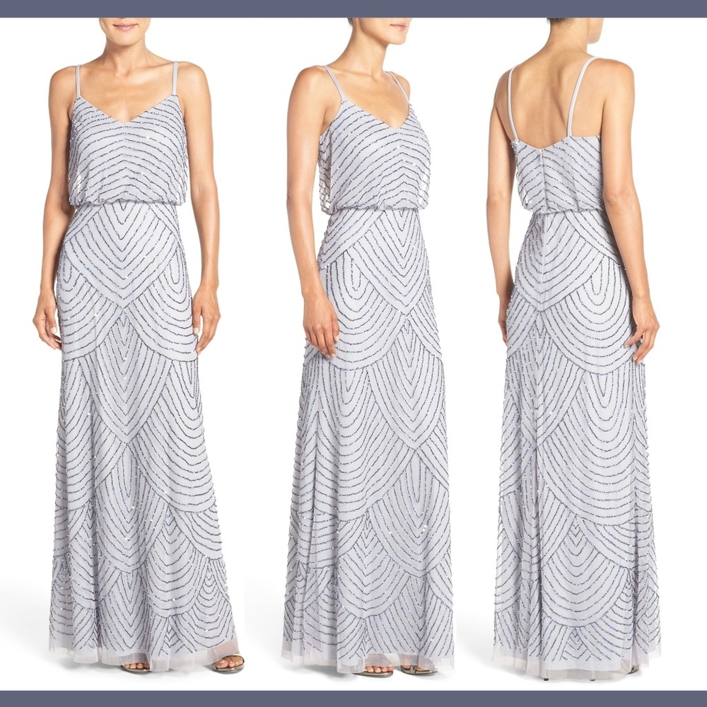 NEW Adrianna Papell Art Deco‎ Beaded Blouson Gown in Grey/Blue [SZ 14 ]